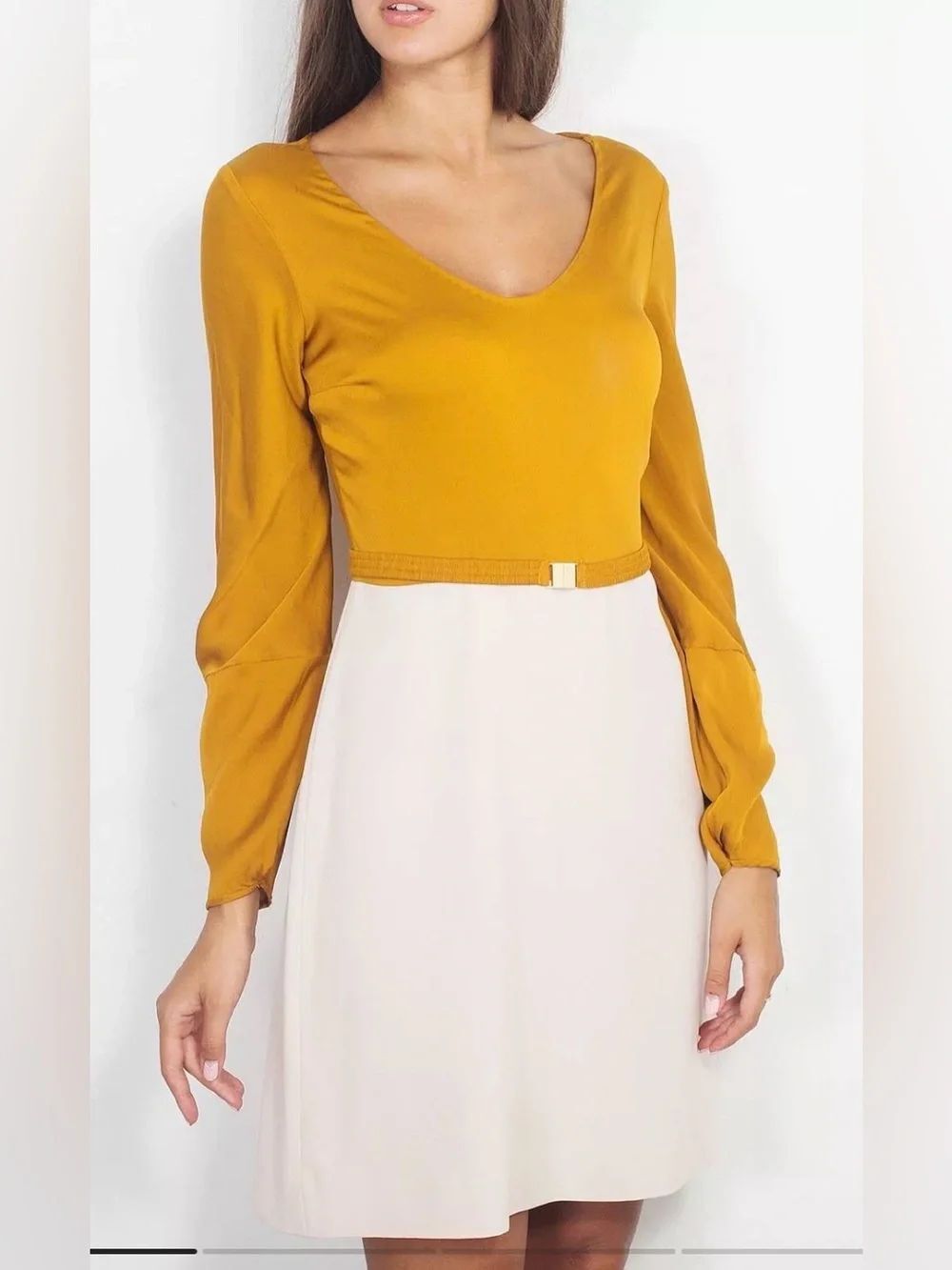 Diane Von Furstenberg Two-Tone V-Neck Dress in Mustard & Cream, US4